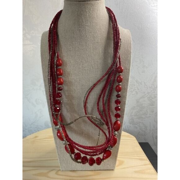 Multi-Strand Red & Gold Beaded Necklace With Lobster Clasp Adjustable Chain - Picture 1 of 4